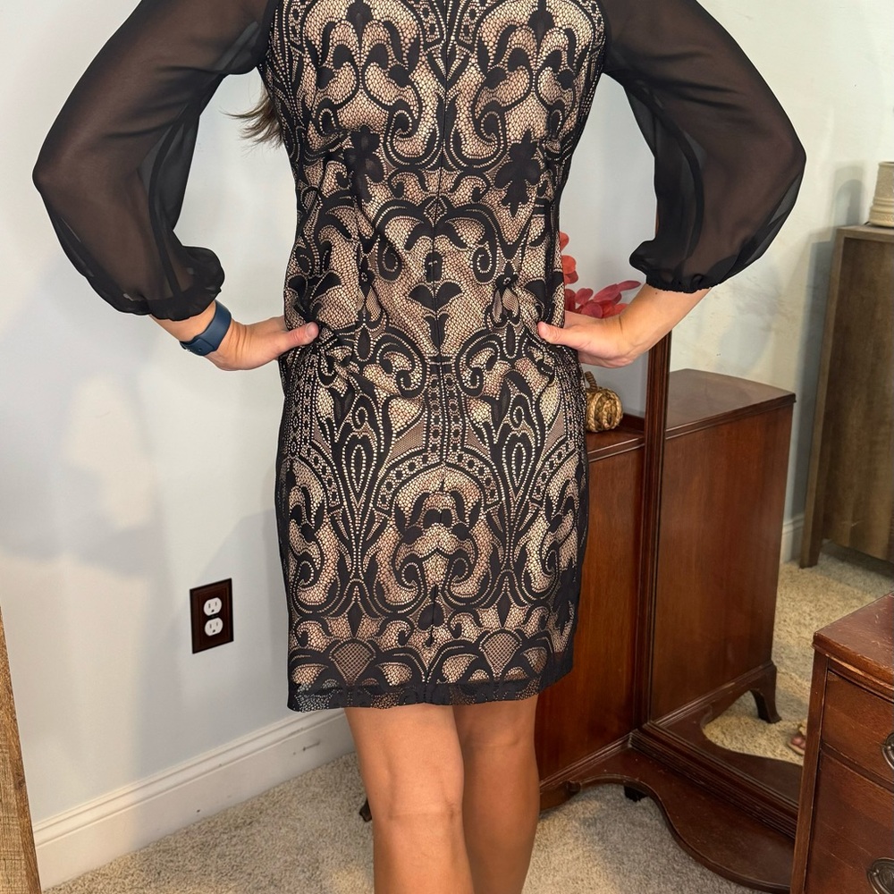 Chic Black Lace Dress with Sheer Sleeves